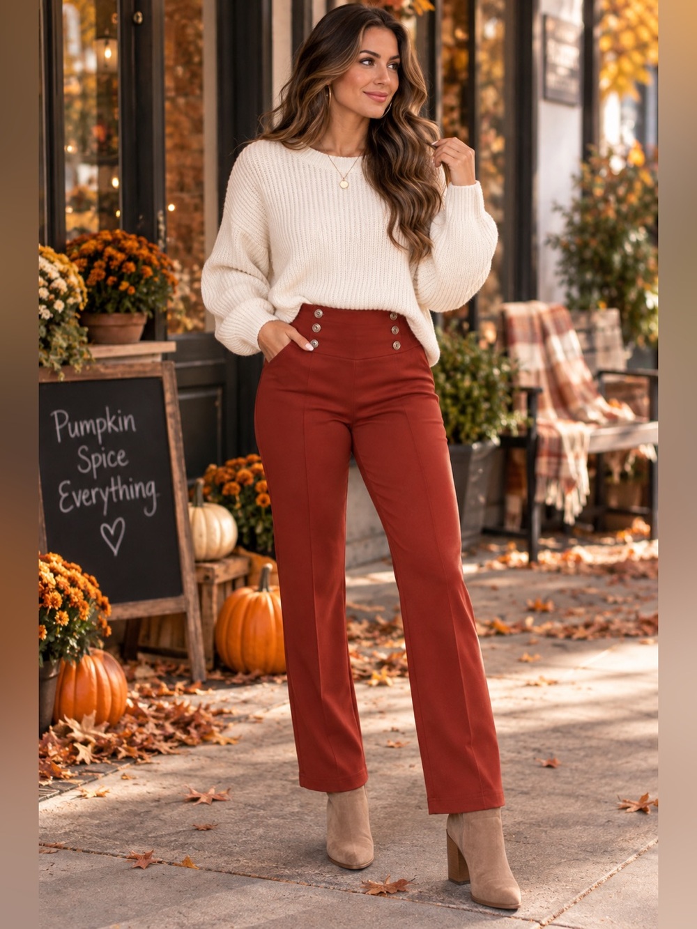 SOHO Apparel Rust Red Straight Leg Stretch Pants Button Detail Size L